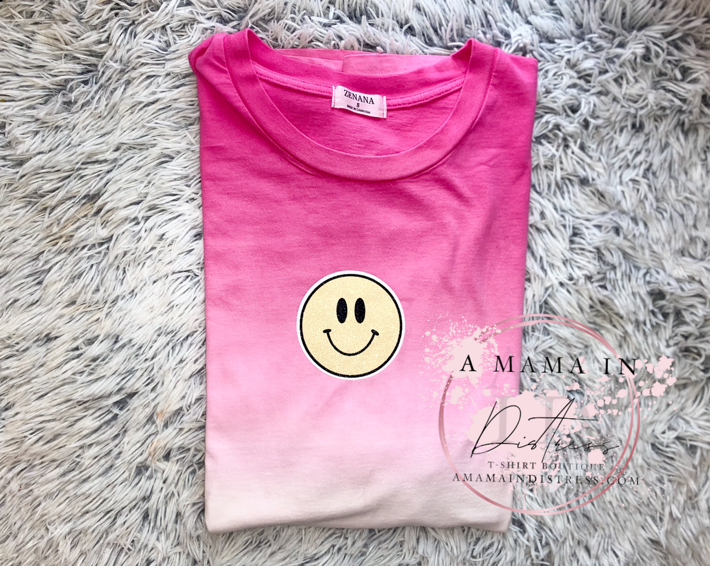Oversized Ombre T-Shirt Pink Smiley Face
